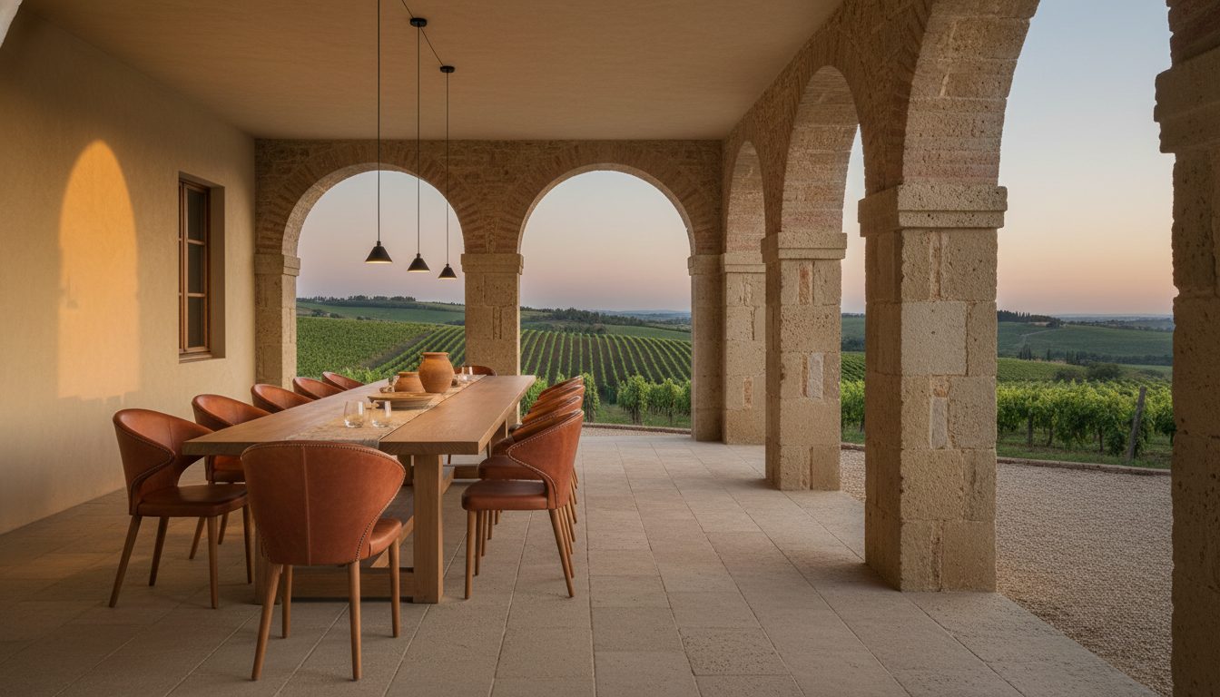 A long oak table ringed with saddle-russet leather chairs in a stone loggia above a vineyard at dusk.