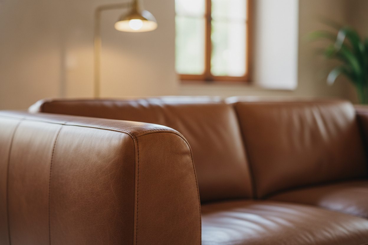 Extreme close-up of a cognac leather sofa arm: grain, sheen, and a single line of stitch turning the corner.
