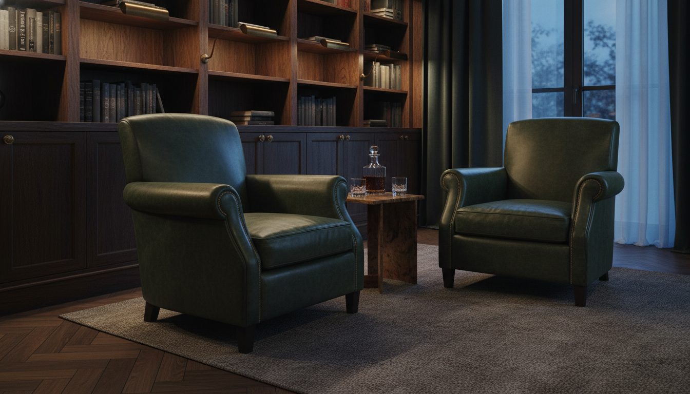 Two deep hunter-green leather club chairs in a walnut library, brass and a decanter between them.