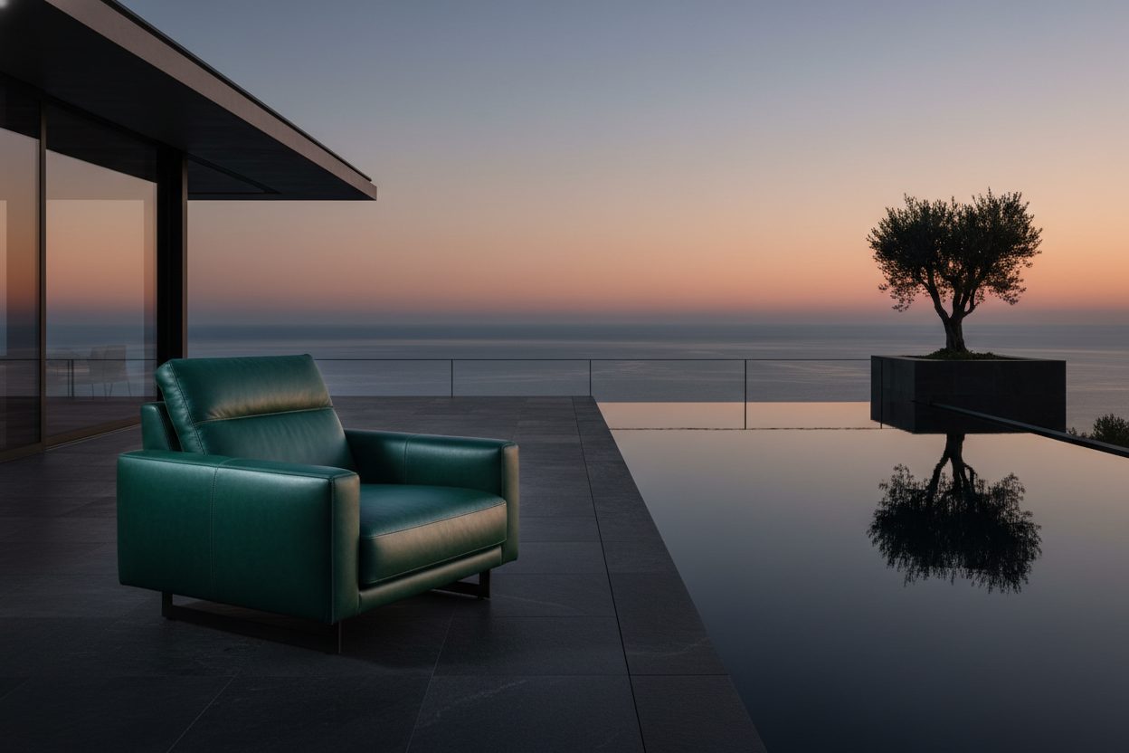 A single emerald-green leather lounge chair on a dark stone terrace above the sea at dusk, mirrored in a black pool.
