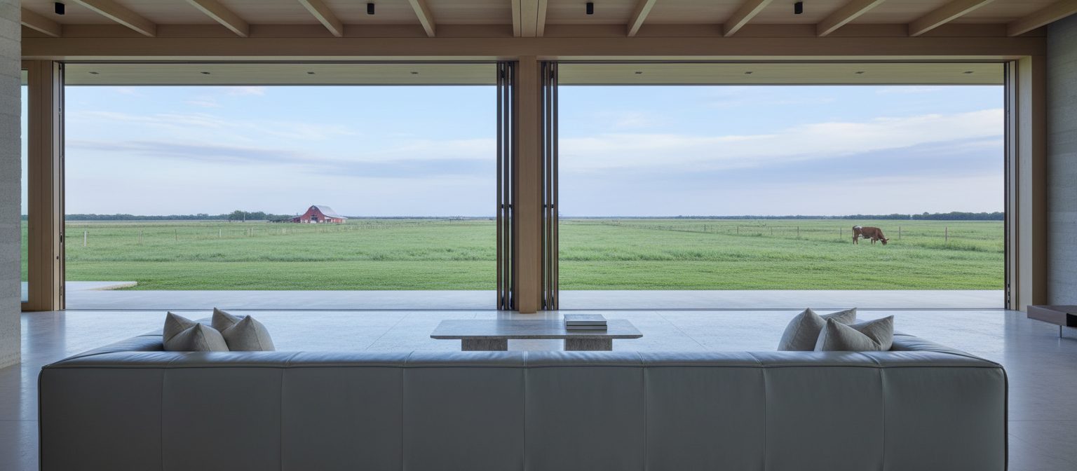 A long low modern sofa in light grey leather in a modern Texas ranch house, a wall of glass opening to fresh morning prairie with a distant barn and a longhorn.