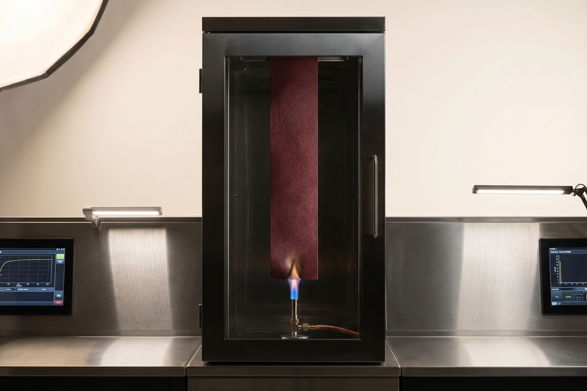 Vertical flammability burn test on leather